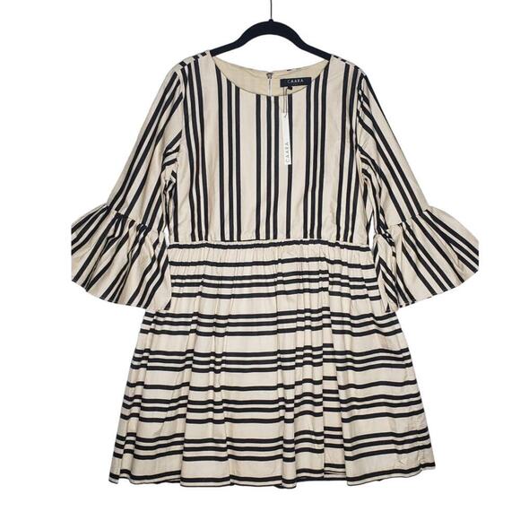 CAARA Mix Stripe Dress Bell Sleeve Black Beige Fit and Flare Large 100% Cotton - Picture 1 of 9
